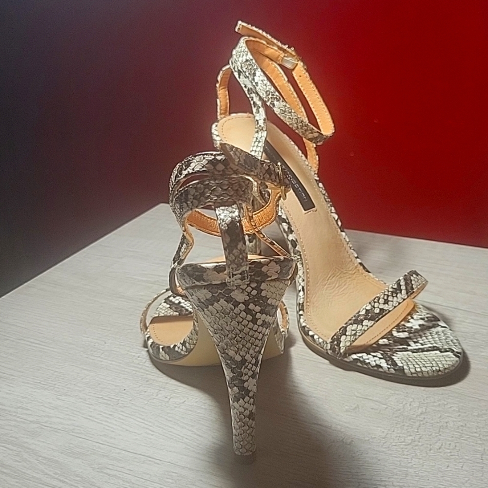 French Connection Black/White Snake Wrap Tessa High Heel Ankle Strap Sandal